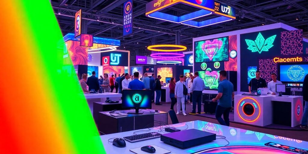 Colorful gadgets and tech at CES 2025 in Las Vegas.