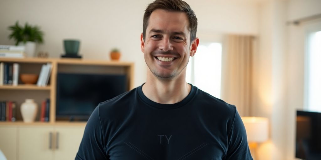 A man smiling, wearing a custom anniversary shirt.