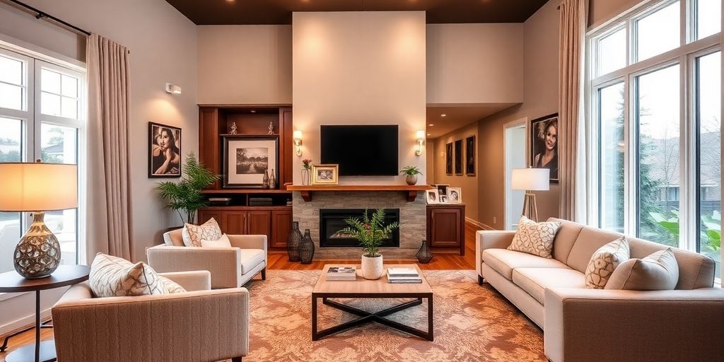 Modern living room with elegant decor and warm lighting.