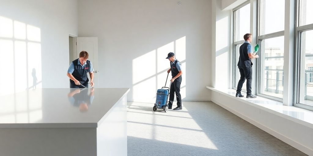 Cleaners working in a newly constructed building