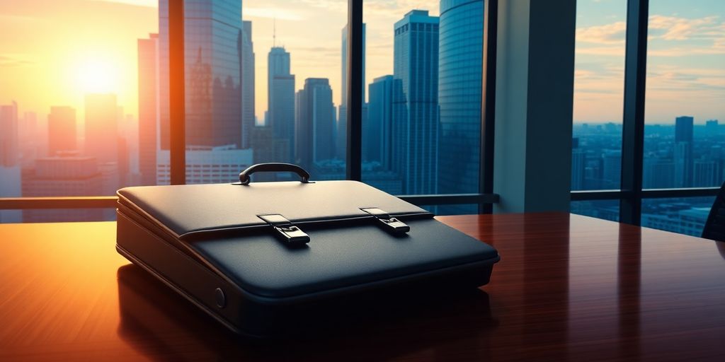 Briefcase on polished desk, city skyline background.