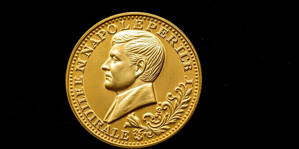 Pièce de Napoléon en or sur fond sombre.