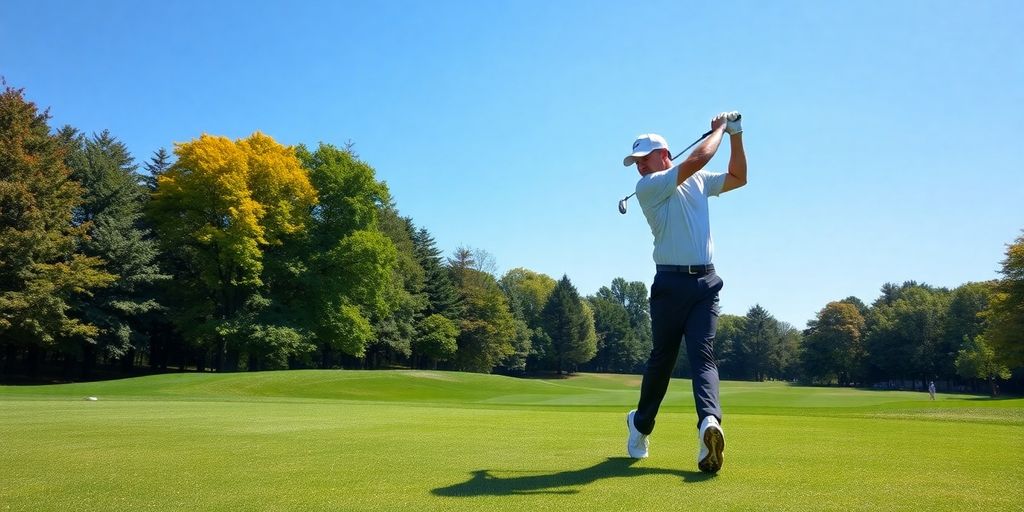 Golfer practicing swing on a green golf course.