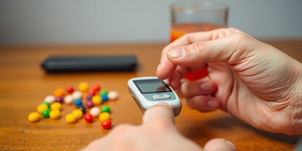 Person checking blood sugar, eating candy.