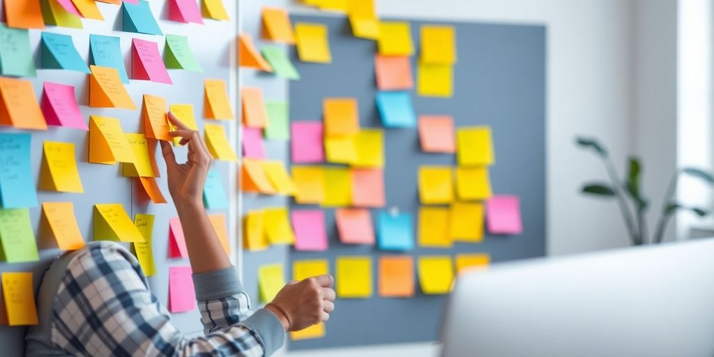 Person organizing sticky notes in a bright workspace.