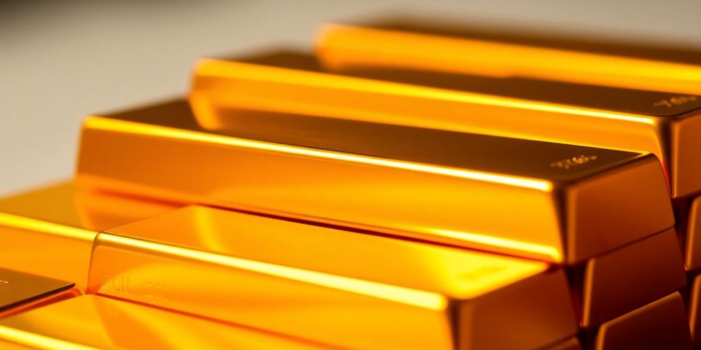 Barres d'or empilées avec un arrière-plan flou.