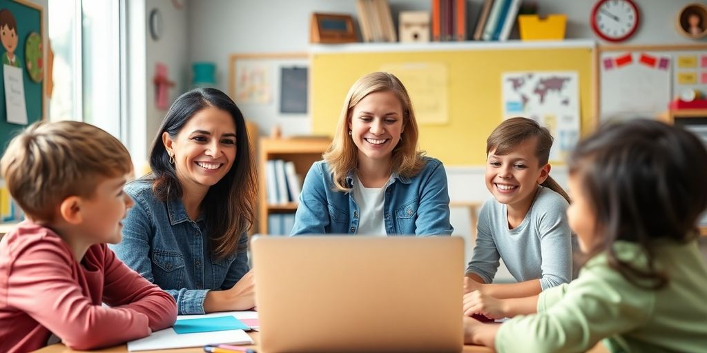 Teacher interacting with students in a virtual classroom.