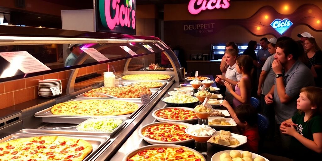 Colorful variety of pizzas at CiCi's Pizza Buffet.