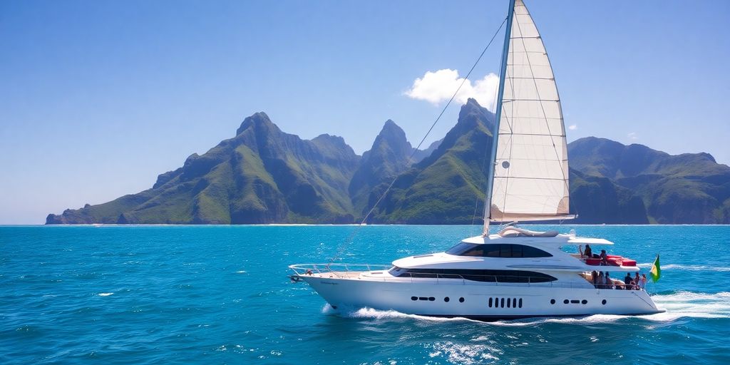 Luxury yacht sails past Komodo's vibrant islands.