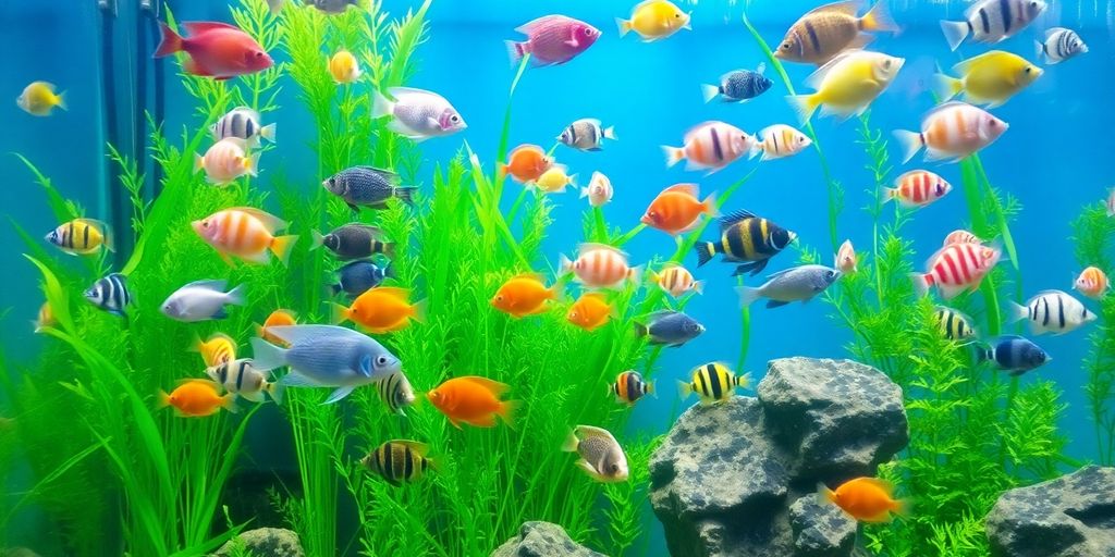 色彩斑斓的水族鱼在郁郁葱葱的水下场景中游泳。