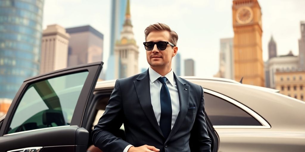 Chauffeur ouvrant la porte d'une voiture de luxe dans une ville emblématique.