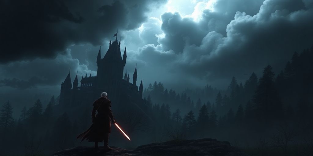 Image sombre de paysage avec châteaux et personnage guerrier.