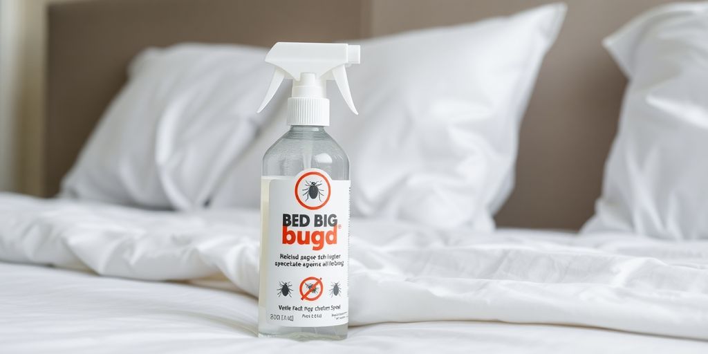 Bed bug spray bottle on a neatly made bed.