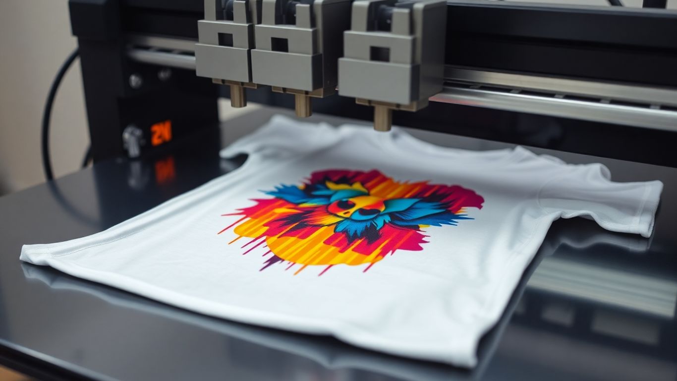 T-shirt printing process with colorful ink and machinery.