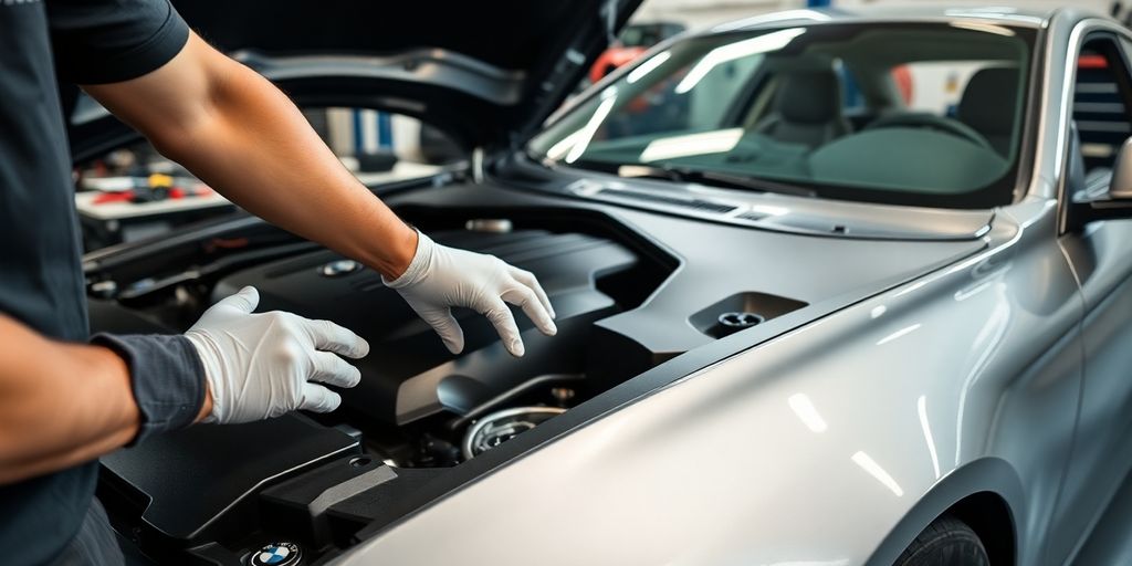 BMW car getting serviced by a technician.