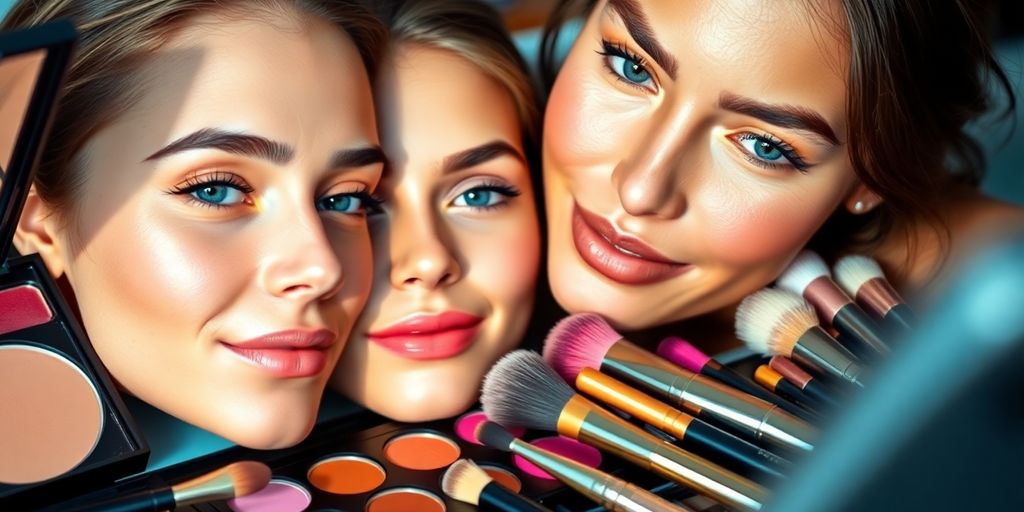 Cosmetics and brushes for a youthful makeup look.
