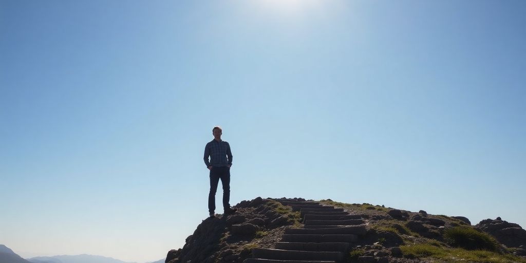 Person reaching summit with blog as path.