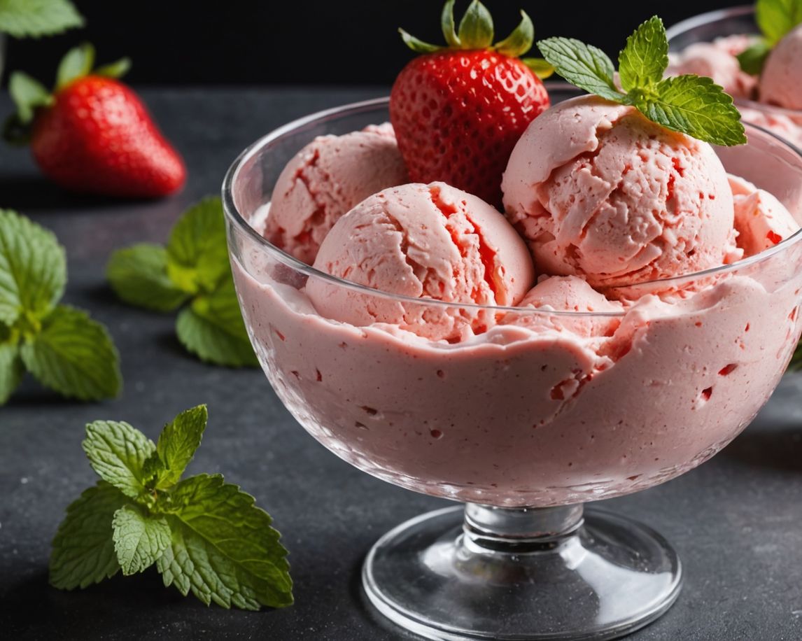 Strawberry ice cream with fresh strawberries and mint