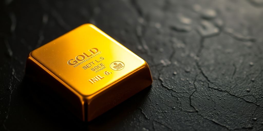 Lingot d'or sur une surface sombre et texturée.