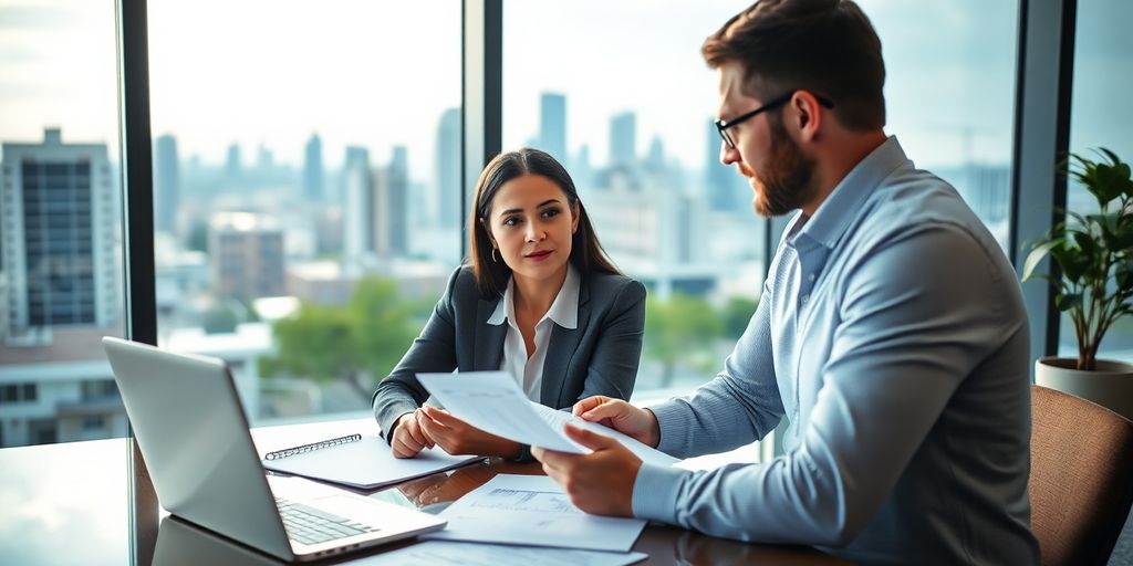 Imagem de consultor financeiro com cliente em escritório moderno.