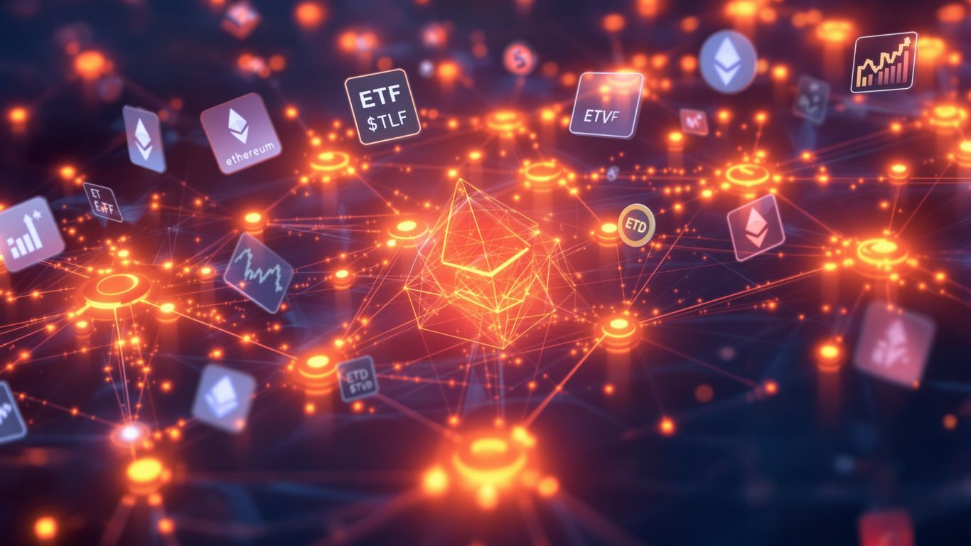 Ethereum network with floating stock and ETF symbols.