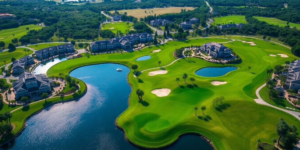 Luxurious golf resort with beautiful greens and amenities.