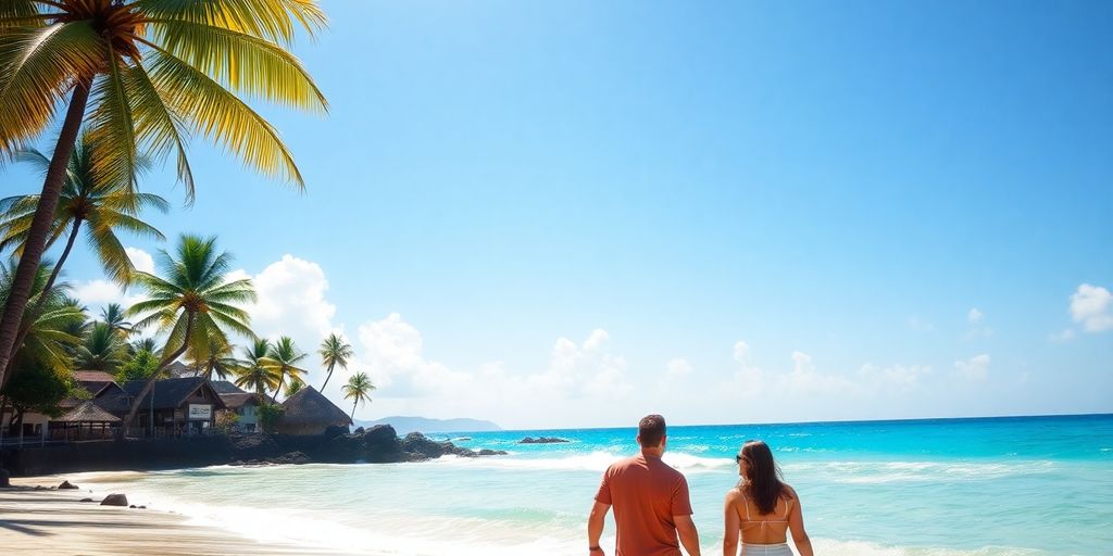 Couple relaxing on a tropical beach with crystal clear water.