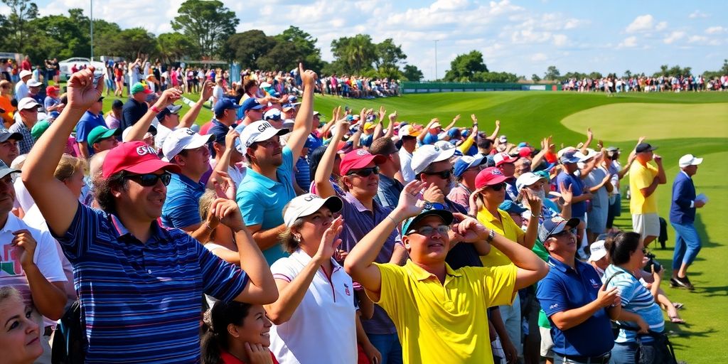 Golf fans cheering at a PGA Tour event.