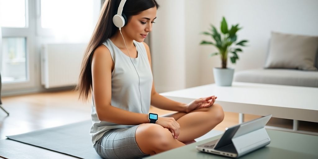 Woman meditating with headphones and smartwatch in a bright room