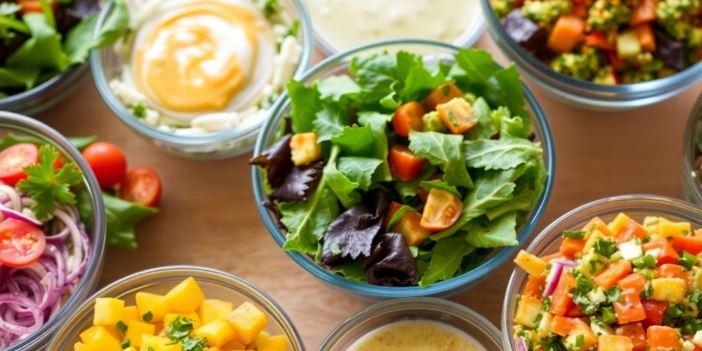 Bunte Salate und selbstgemachte Dressings auf einem Tisch.
