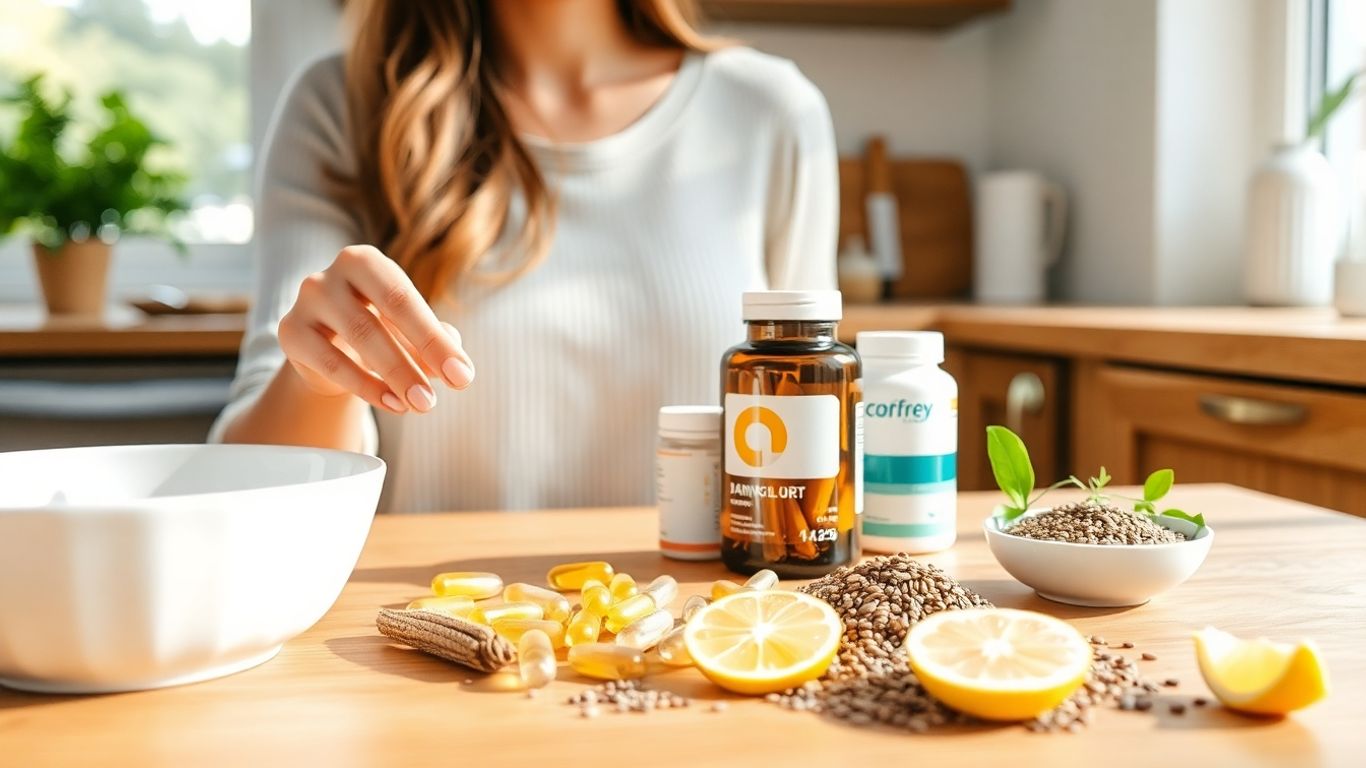 Woman reaching for amber bottle beside capsules, maca, primrose, flaxseeds.