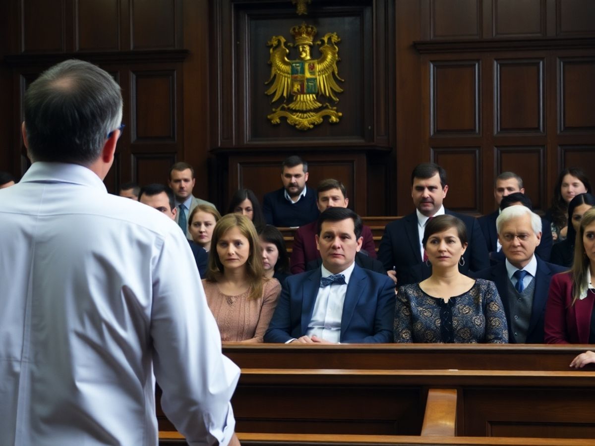 Scenă din sala de judecată cu avocați și judecător.