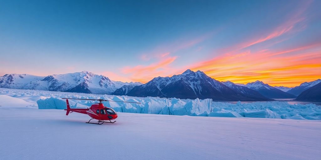 A red helicopter on a snowy Alaskan glacier at sunset.