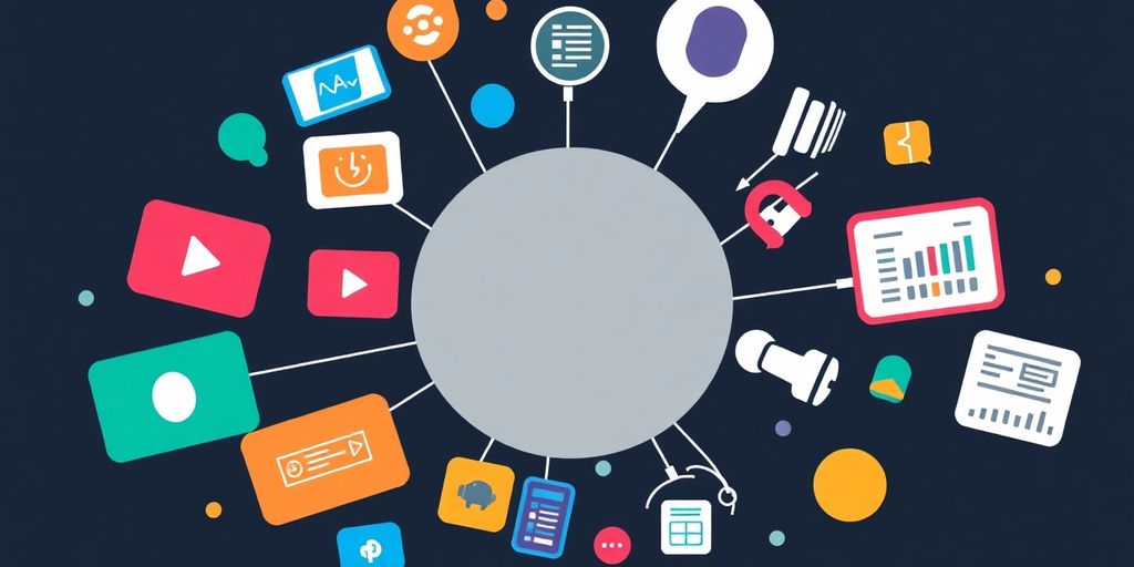 Diverse content formats swirling around a central point.