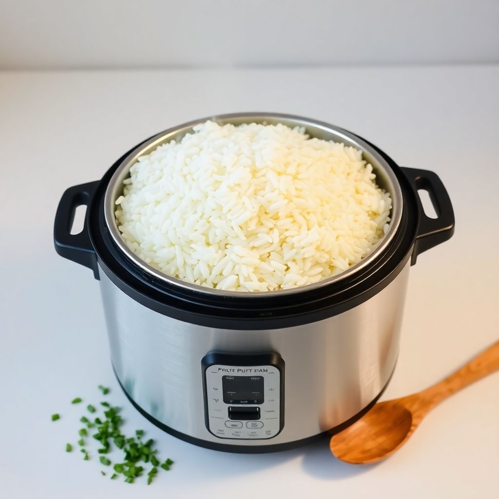 Cooked rice, steam, rice cooker, ingredients.