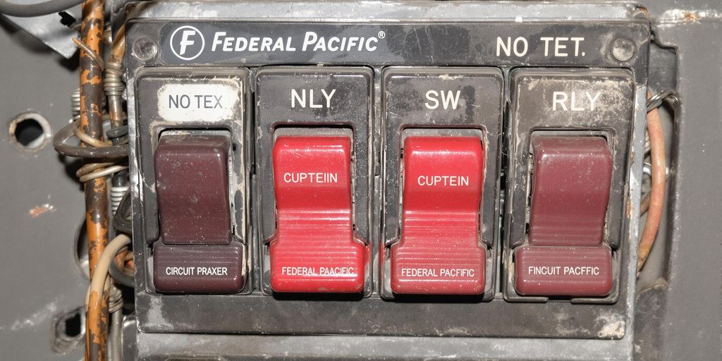 Federal Pacific circuit breaker panel with red switches.