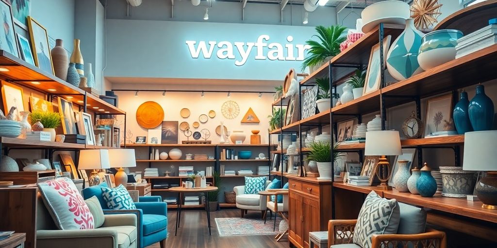 Wayfair furniture and decor displayed in a bright store.