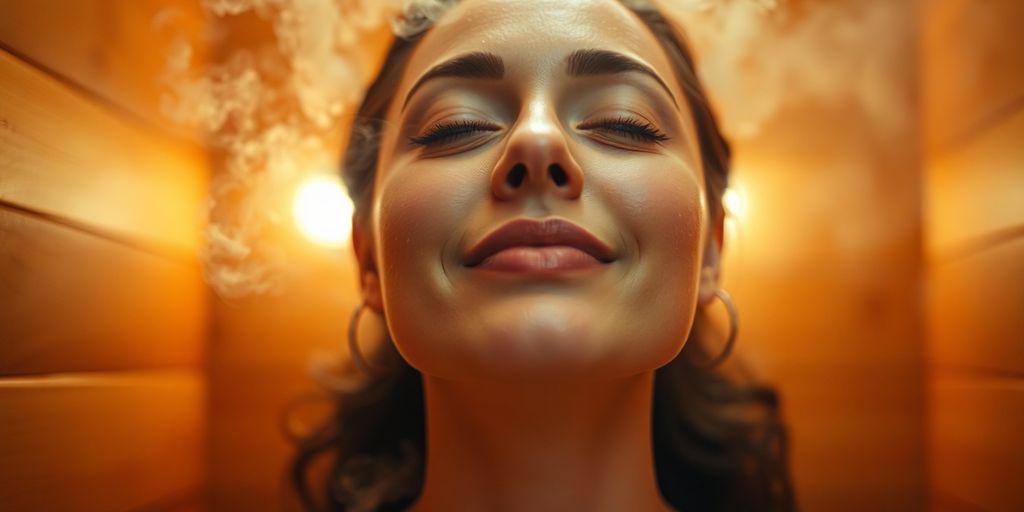 Woman's glowing face inside a sauna
