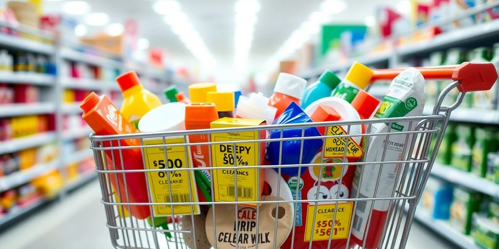 Shopping cart with discounted items inside.