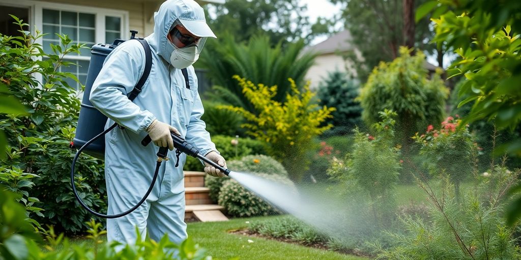 Exterminator tratand o curte pentru eliminarea tantarilor.