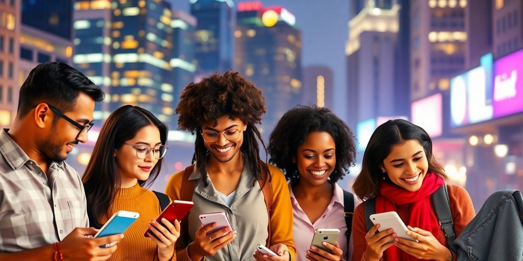 Diverse individuals communicating with translation technology outdoors.