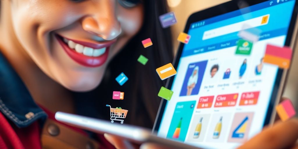 Femme souriante utilisant une tablette, entourée d'icônes e-commerce.