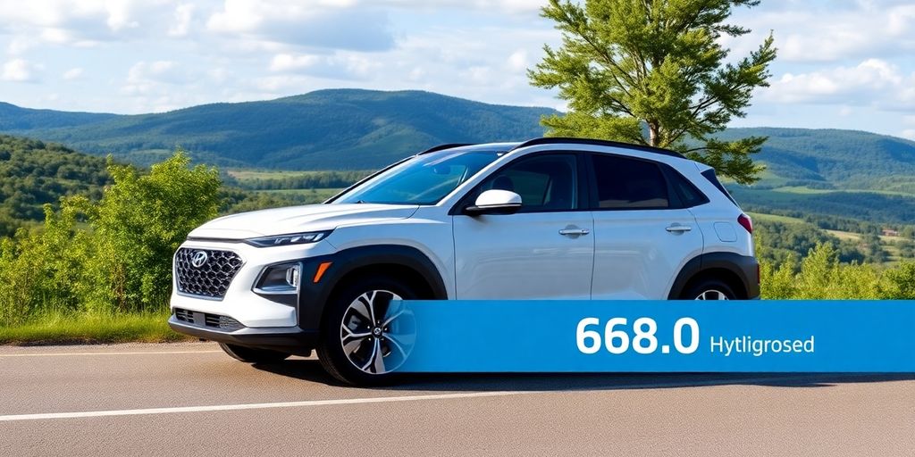 Hyundai Nexo auf malerischer Straße mit grüner Umgebung.