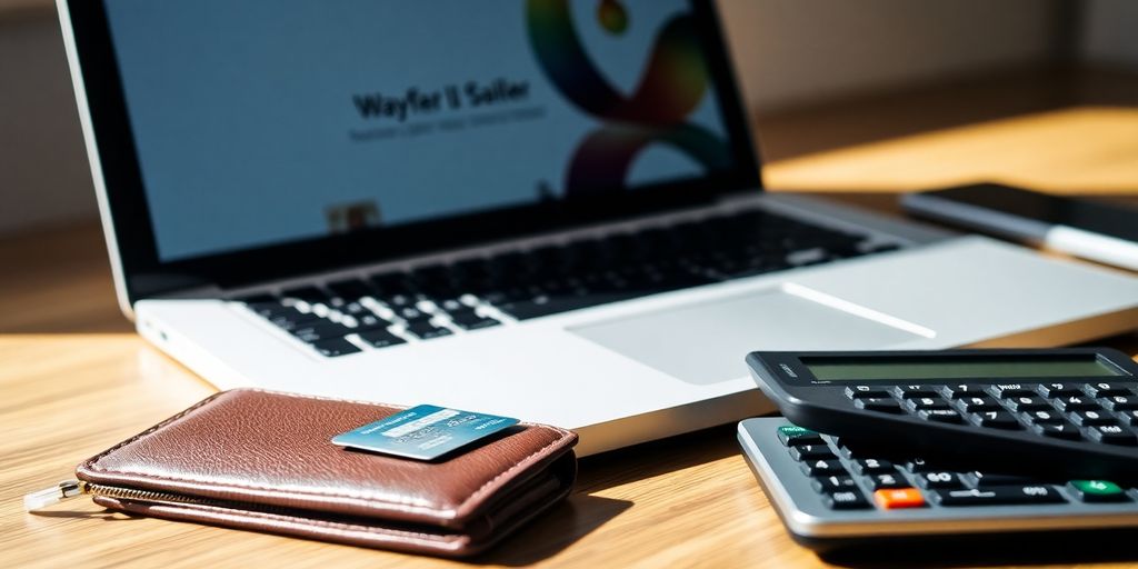 Laptop with Wayfair on screen, credit card, and calculator.