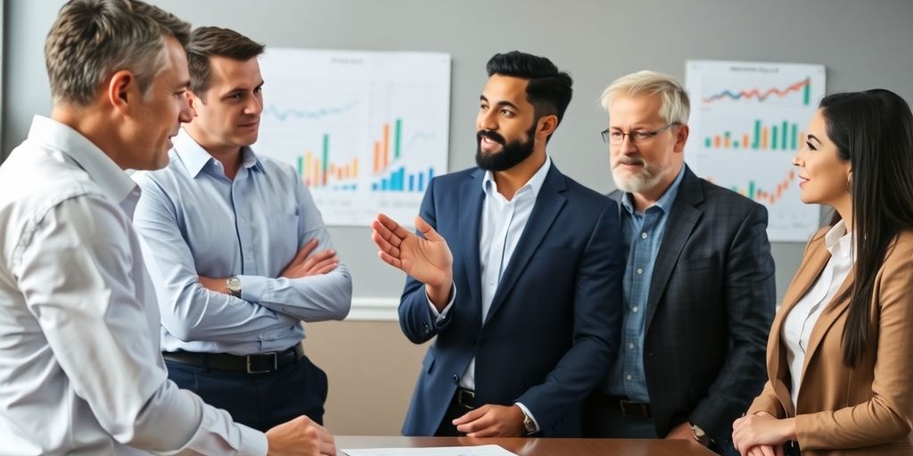 Diverse individuals discussing financial concepts with visual aids.