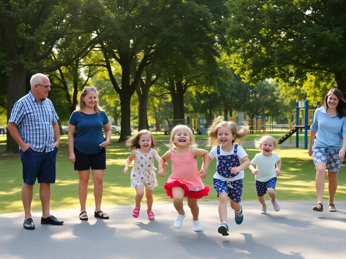 Părinți și copii într-un parc plin de viață, zâmbind.