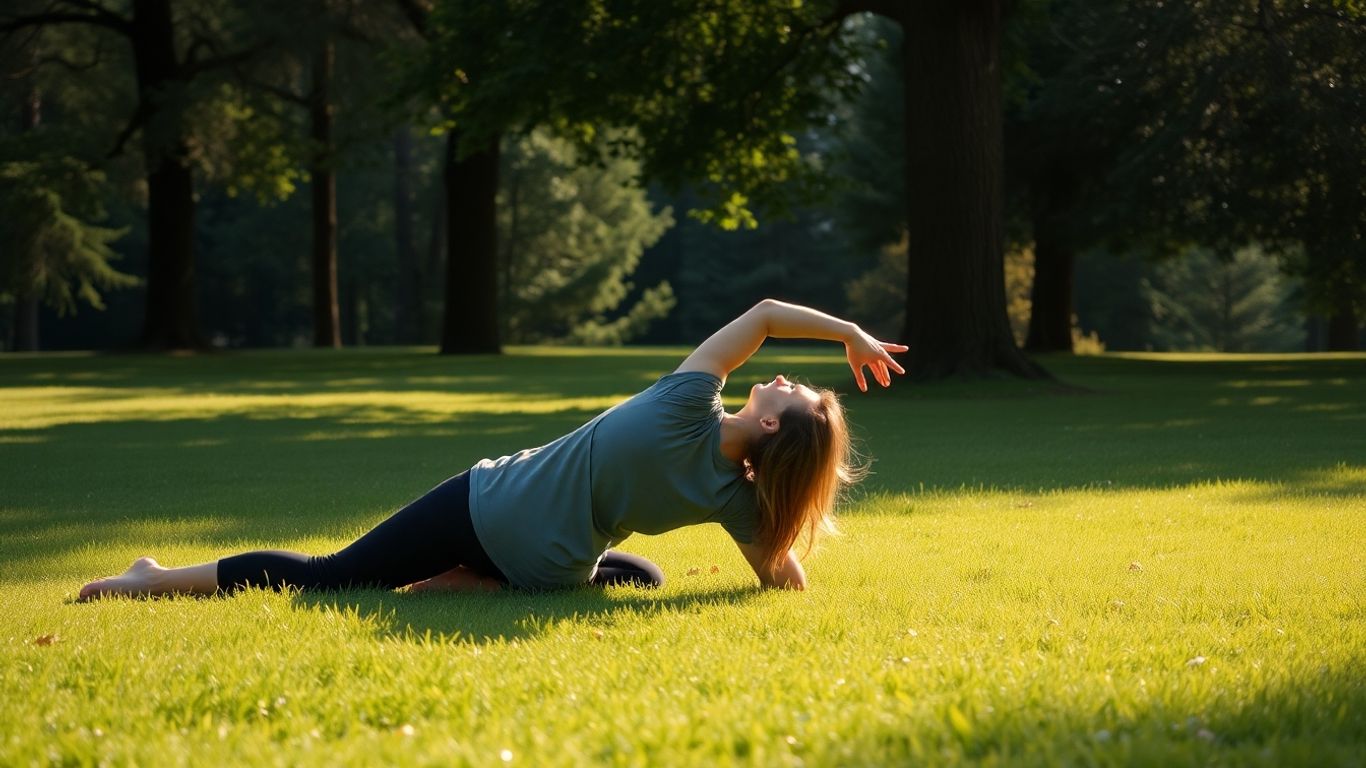 Person stretching outdoors on green grass among trees.