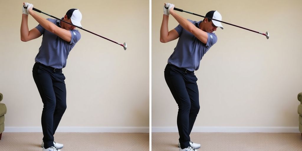 Golfer performing a balanced rotational swing drill at home.