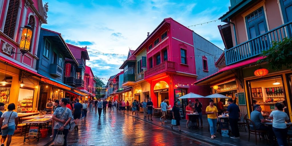 Colorful Sino-Portuguese architecture street scene.