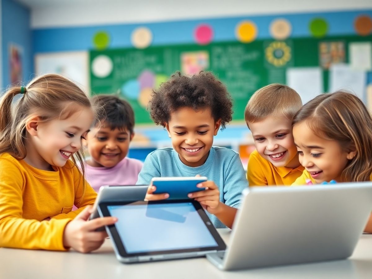 Copii folosind tehnologia în clasă pentru învățare creativă.